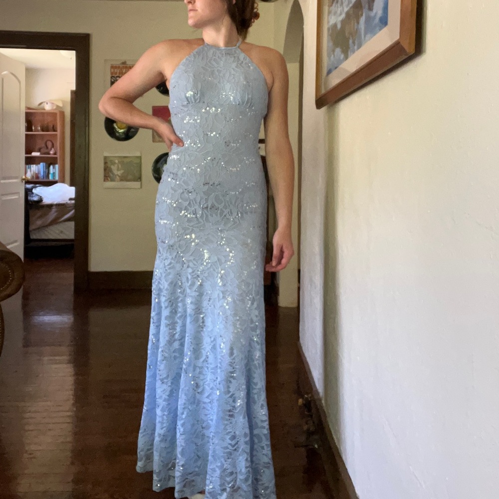 B. Darlin Open Back Lacy  Mermaid Prom Dress